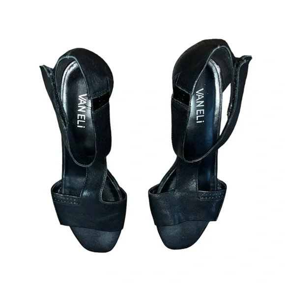 Vaneli Calyx Black Leather T-Strap Wooden Block Heel Sandals Size 8 M - Picture 2 of 5